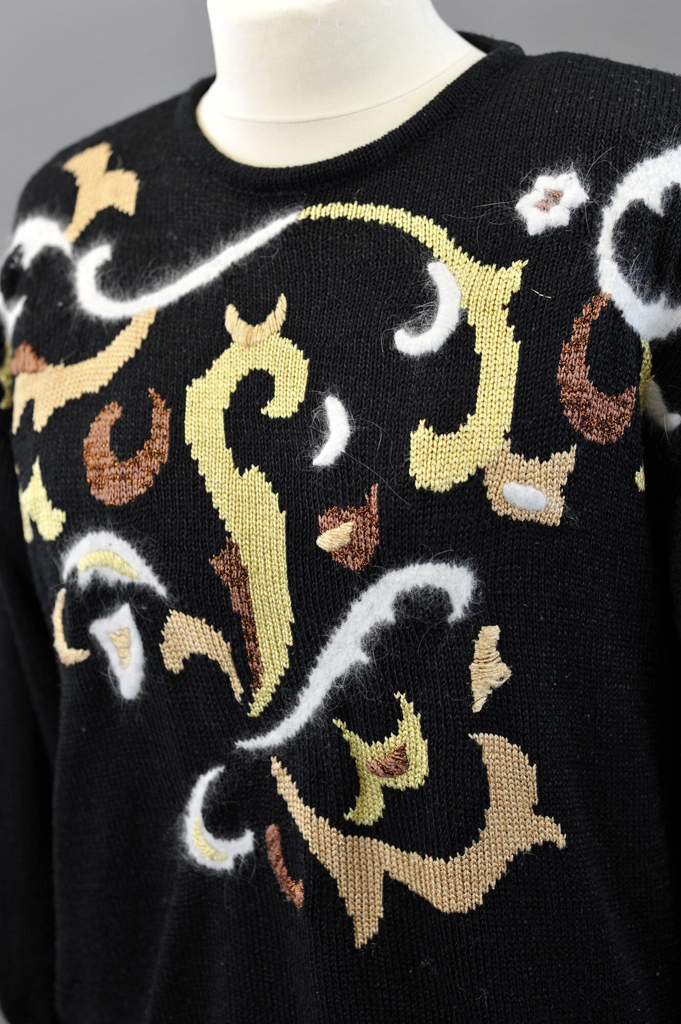 80s Sweater with Angora Curlicue Design, Kitsch Festive Flourish, Size Large XL