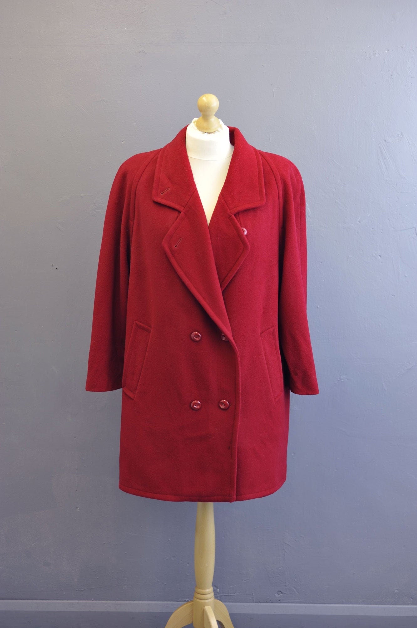 80s Scarlet Wool Blend Coat, Oversized Double Breasted Overcoat, Plus Size