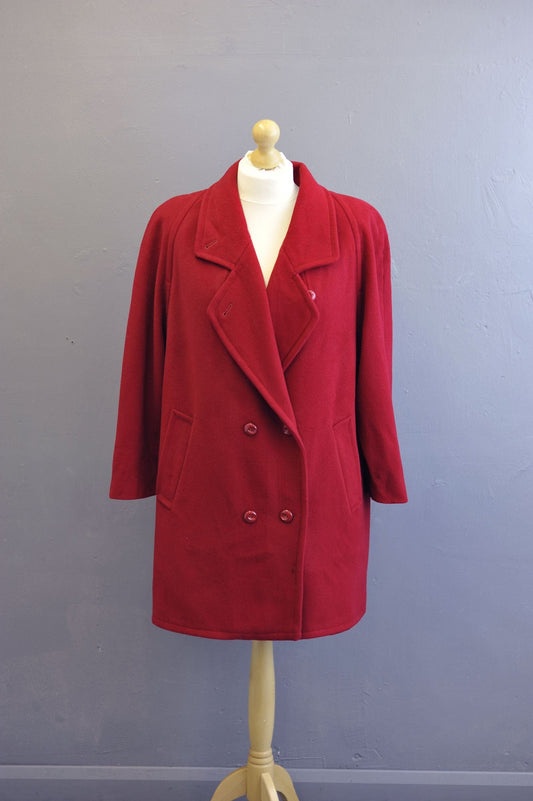 80s Scarlet Wool Blend Coat, Oversized Double Breasted Overcoat, Plus Size