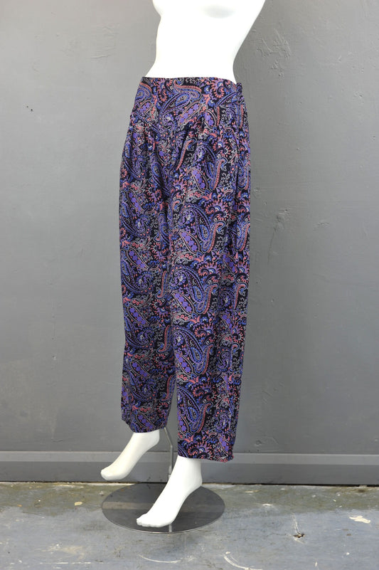 80s Purple Paisley Trousers, High Waist Summer Beachwear, Size Small Medium