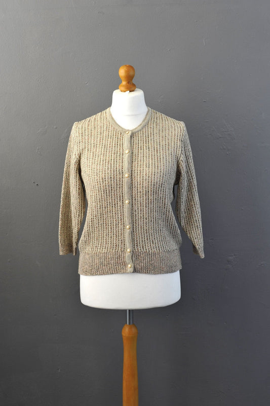 90s Japanese Linen Cardigan, Granny Chic Neutral Knit, Size Medium