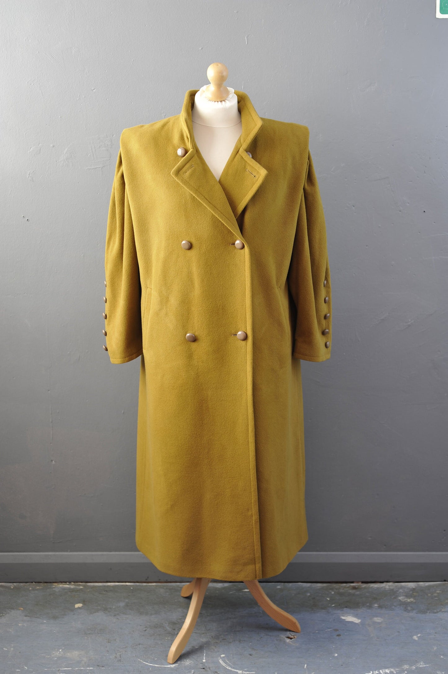 80s Long Cashmere Wool Coat in Golden Mustard, Double Breasted, Size Large XL