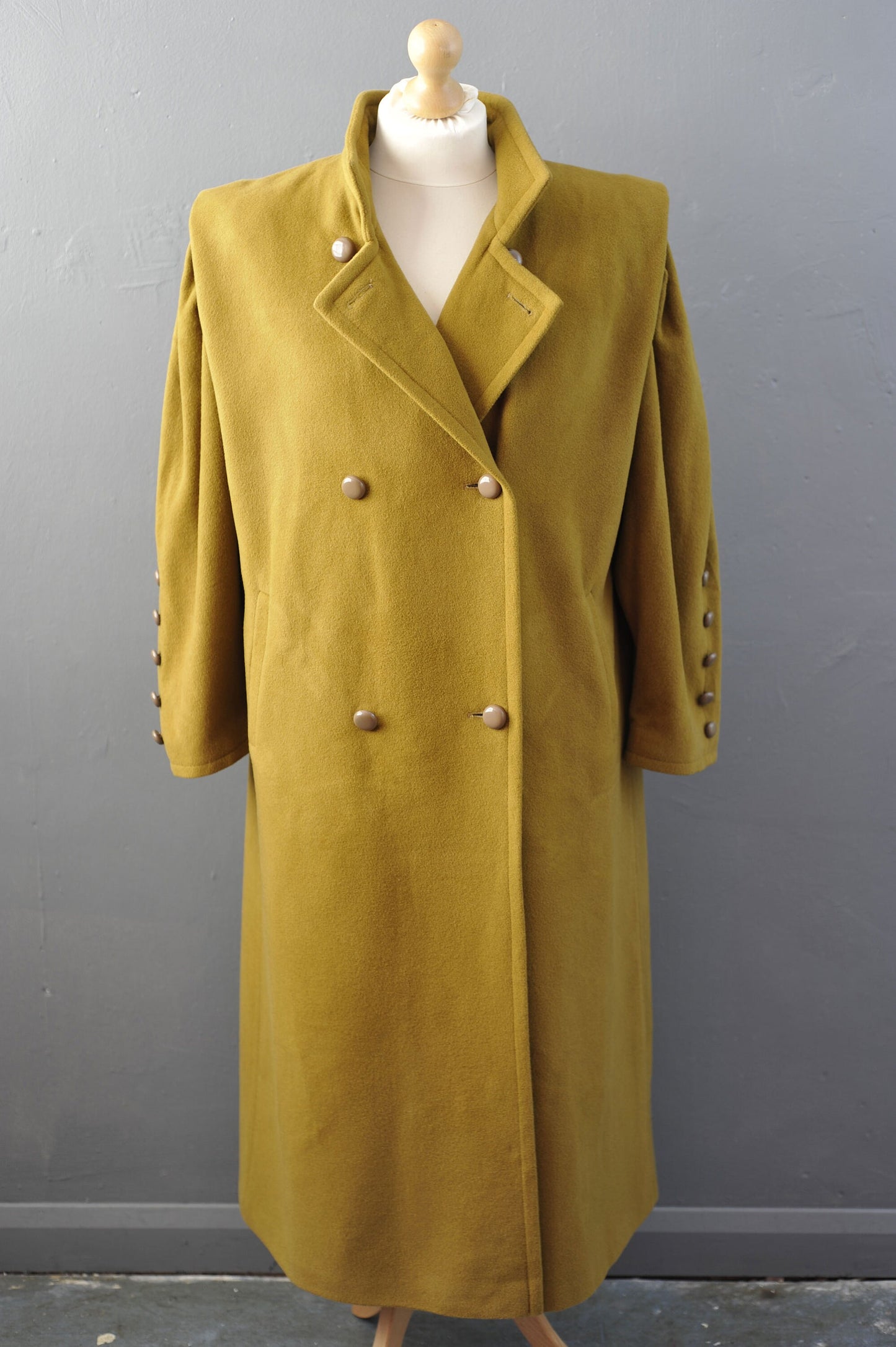 80s Long Cashmere Wool Coat in Golden Mustard, Double Breasted, Size Large XL