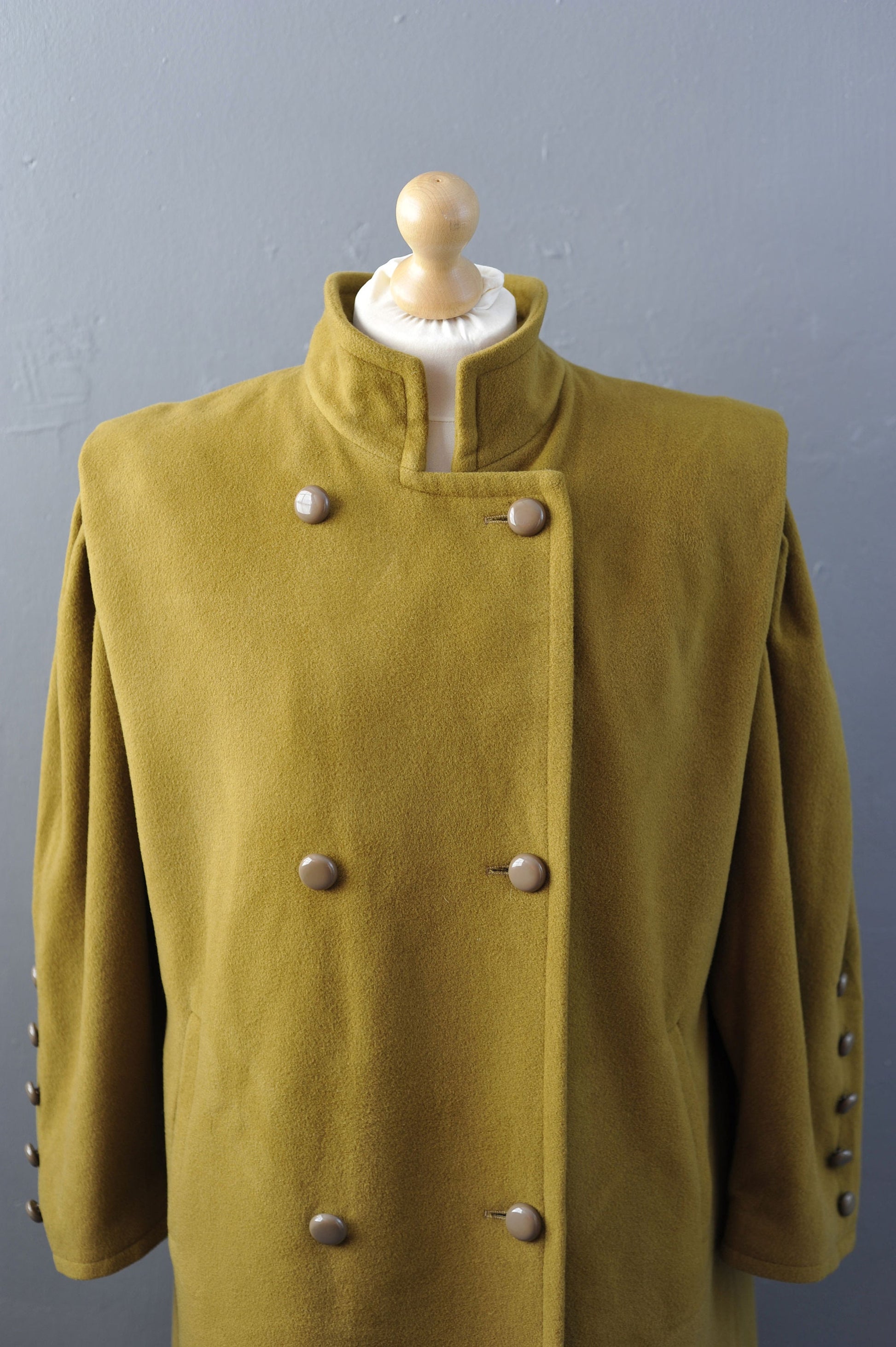 80s Long Cashmere Wool Coat in Golden Mustard, Double Breasted, Size Large XL