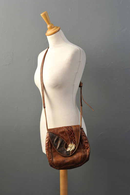 Vintage Sharif Leather Shoulder Bag, 80s Boho Designer Embossed Handbag