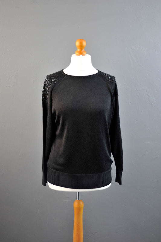 80s Cotton Sweater with Shoulder Bling, Gothic Kitsch Embellished Jumper, Size Large