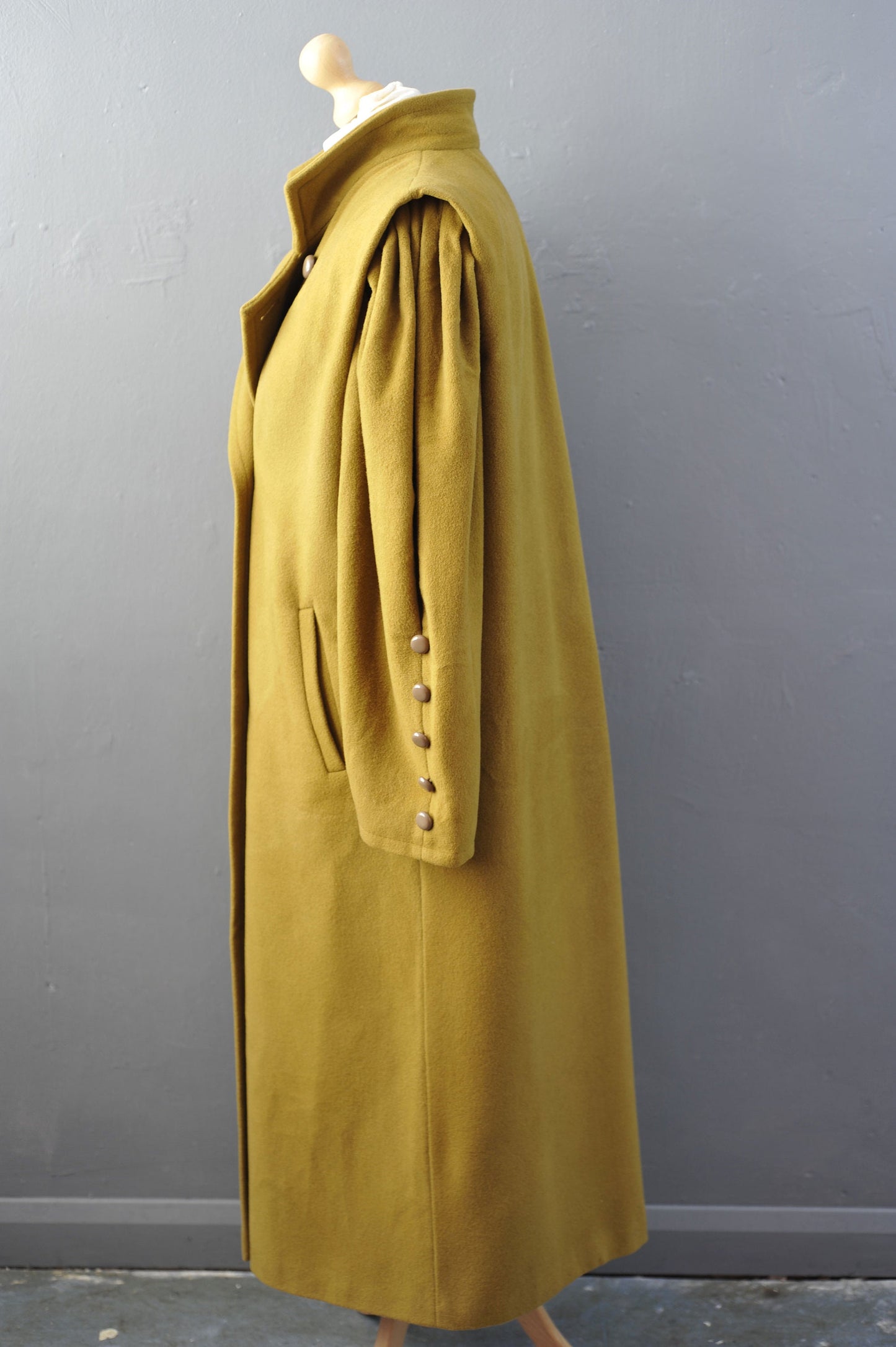 80s Long Cashmere Wool Coat in Golden Mustard, Double Breasted, Size Large XL