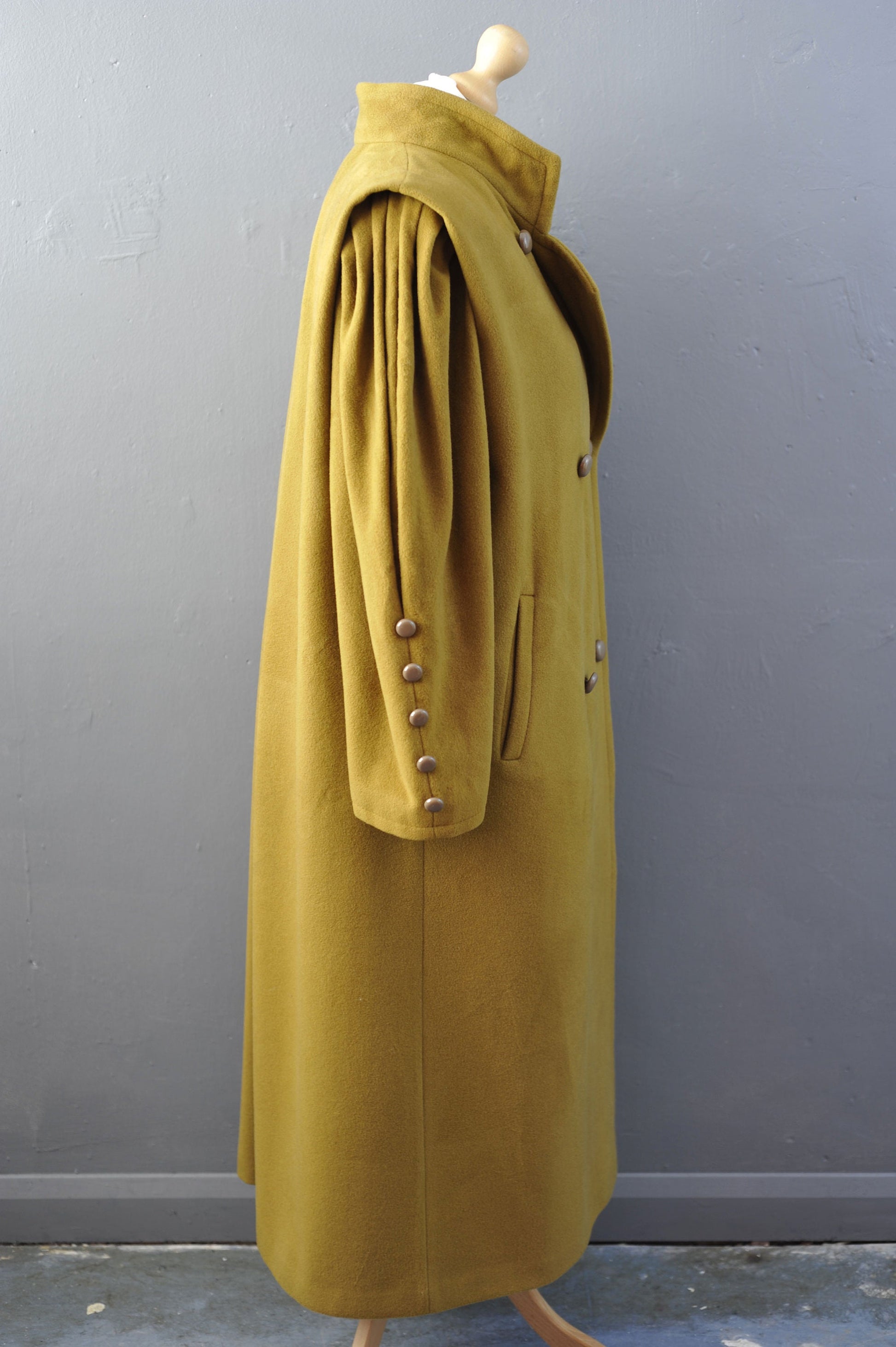 80s Long Cashmere Wool Coat in Golden Mustard, Double Breasted, Size Large XL