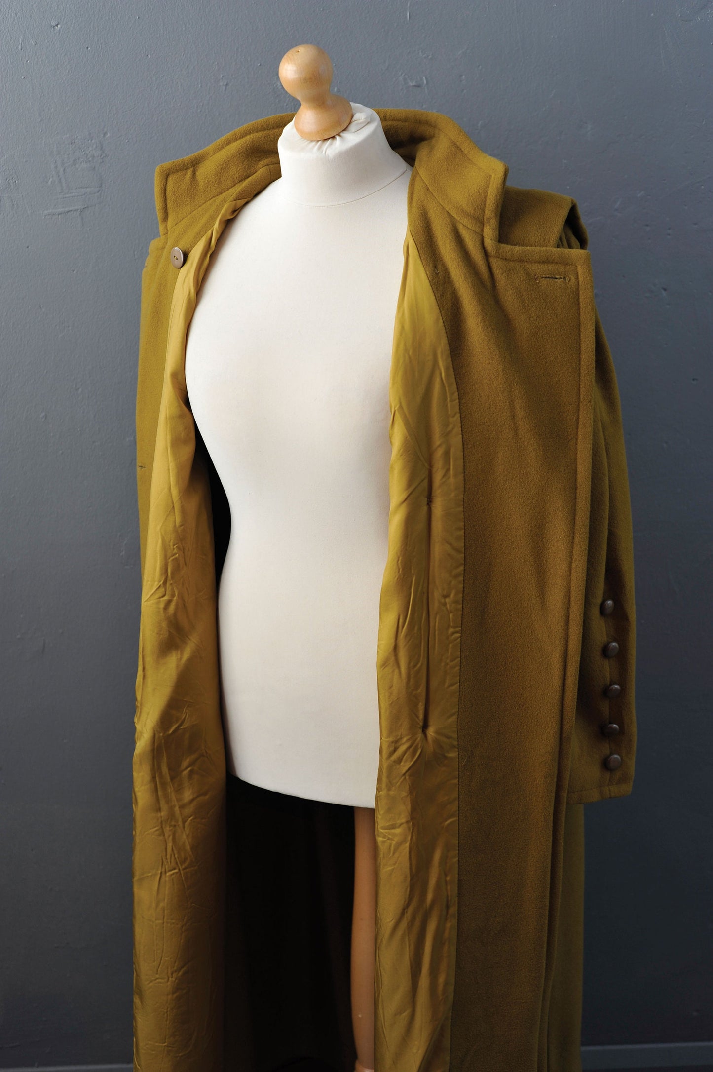 80s Long Cashmere Wool Coat in Golden Mustard, Double Breasted, Size Large XL