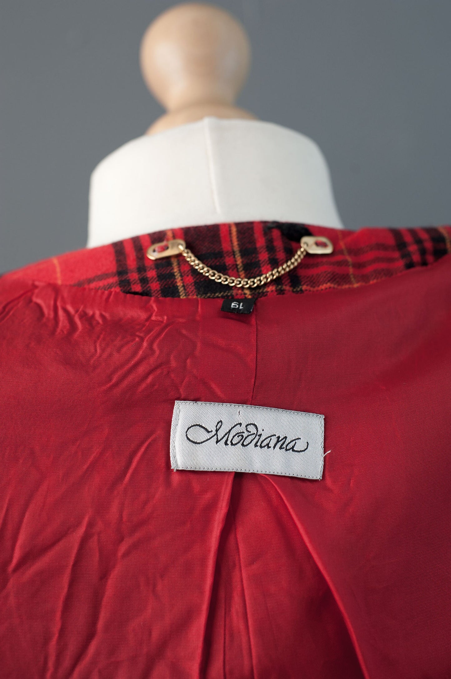 80s Tartan Check Blazer with Velvet Leaves, Modiana Wool Blend Boxy Collarless Jacket, Size Medium