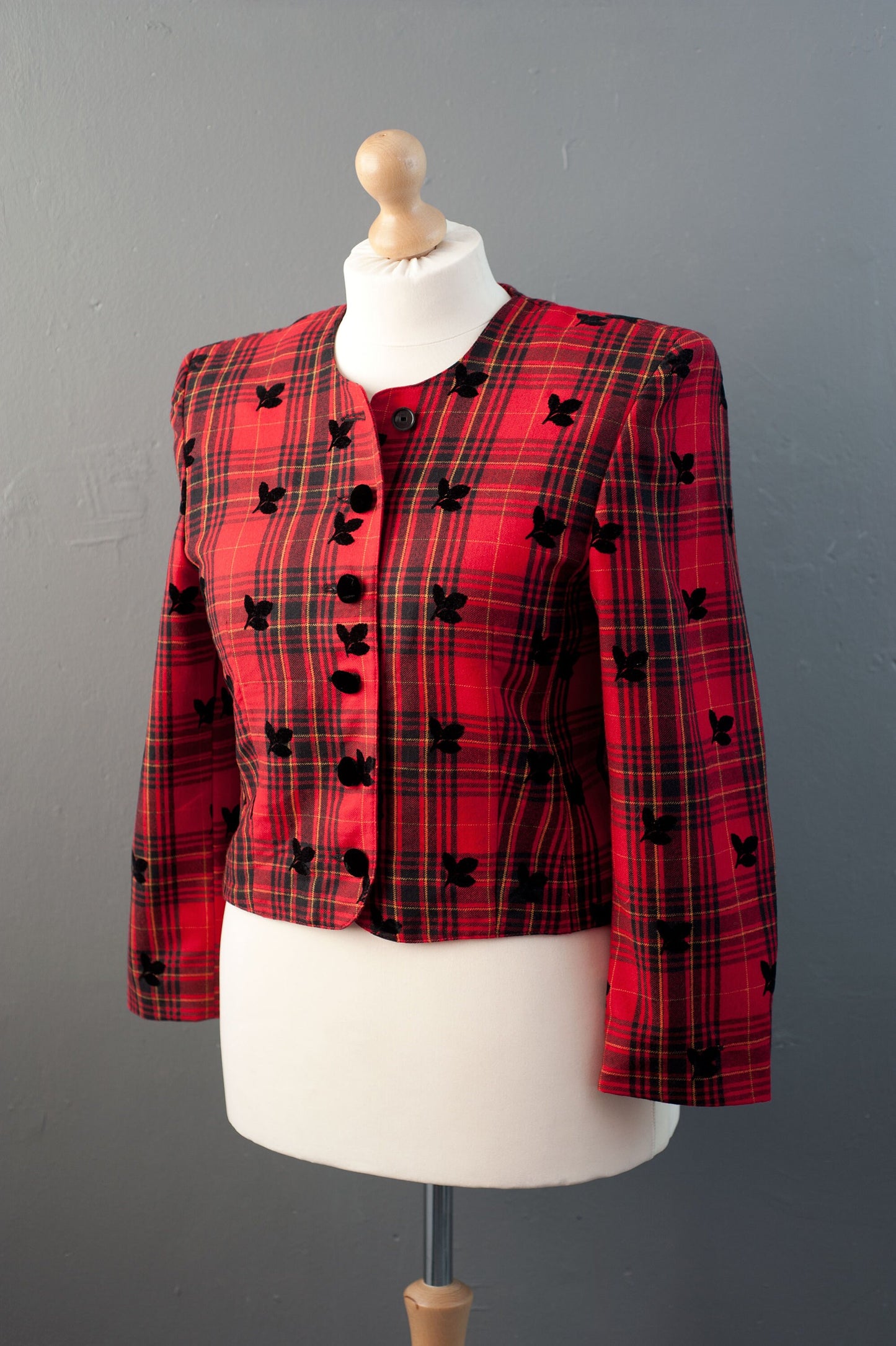 80s Tartan Check Blazer with Velvet Leaves, Modiana Wool Blend Boxy Collarless Jacket, Size Medium