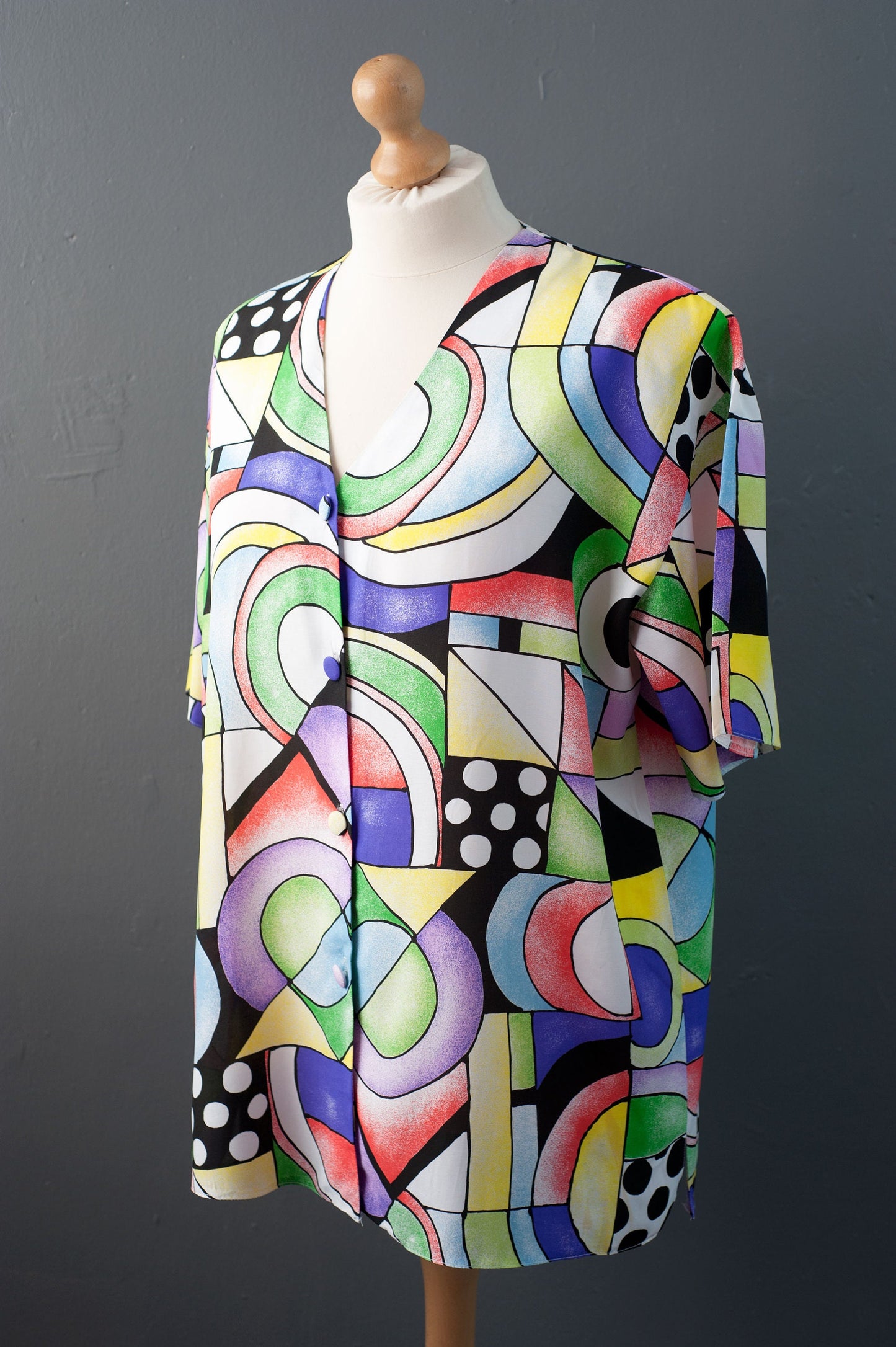 80s Cubist Shirt, Modernist Art Plus Size Blouse, Multicoloured Short Sleeve