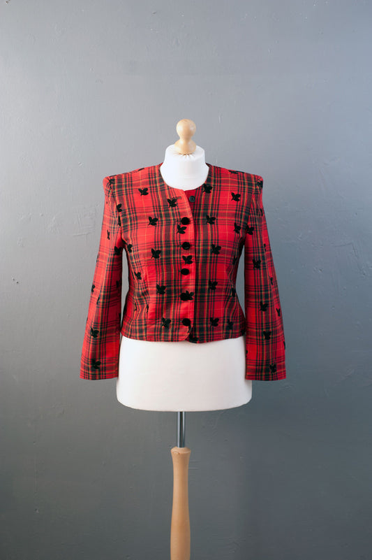 80s Tartan Check Blazer with Velvet Leaves, Modiana Wool Blend Boxy Collarless Jacket, Size Medium