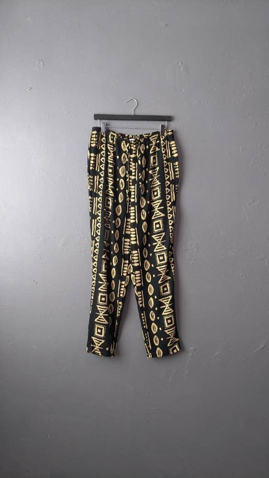 80s Tapered Summer Trousers with Pockets, Loose Fit Tribal Print, Plus Size UK 18