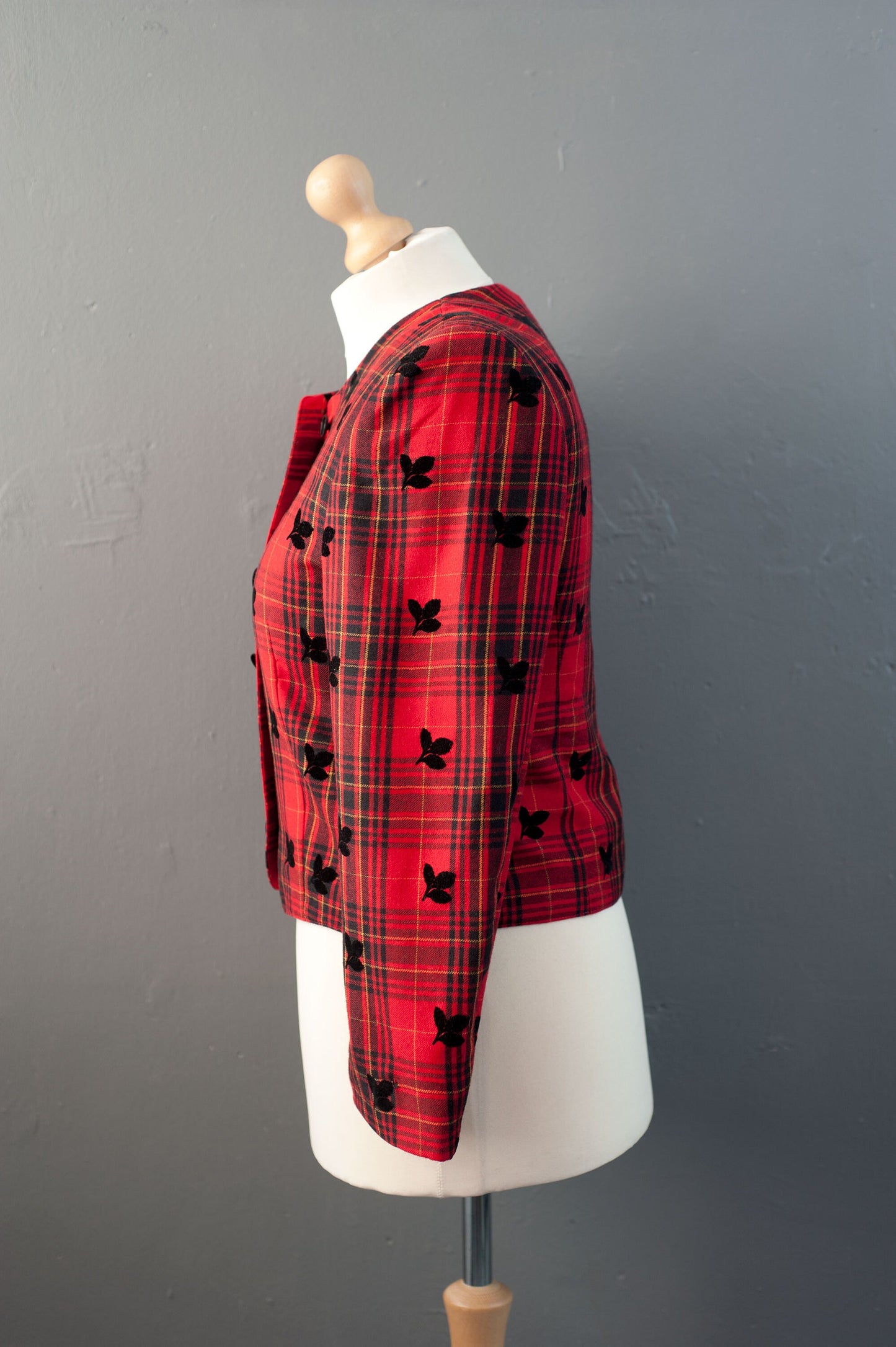 80s Tartan Check Blazer with Velvet Leaves, Modiana Wool Blend Boxy Collarless Jacket, Size Medium