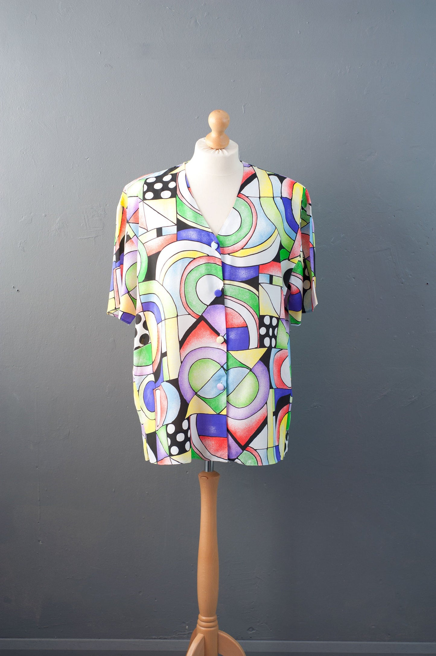 80s Cubist Shirt, Modernist Art Plus Size Blouse, Multicoloured Short Sleeve