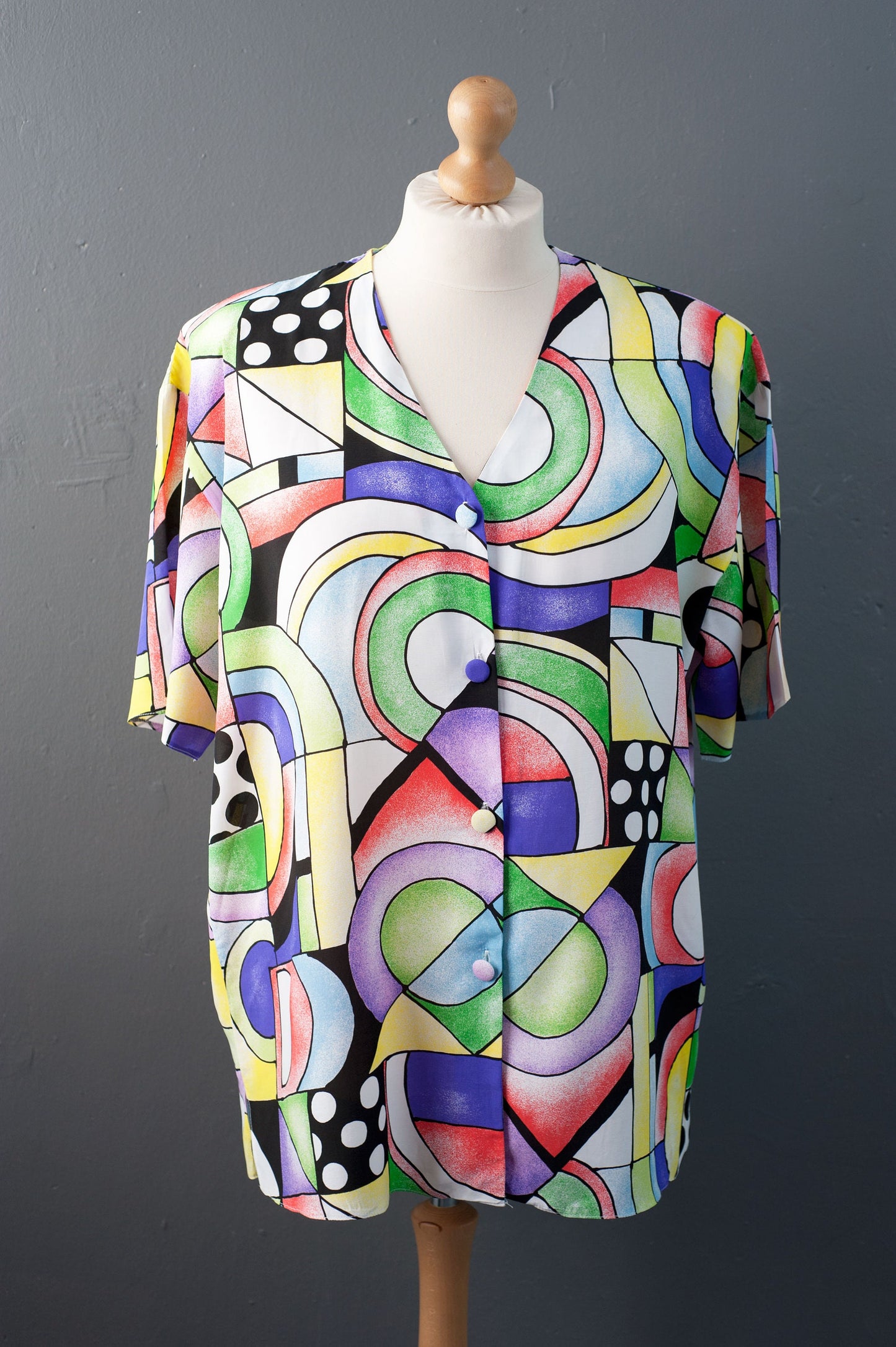 80s Cubist Shirt, Modernist Art Plus Size Blouse, Multicoloured Short Sleeve