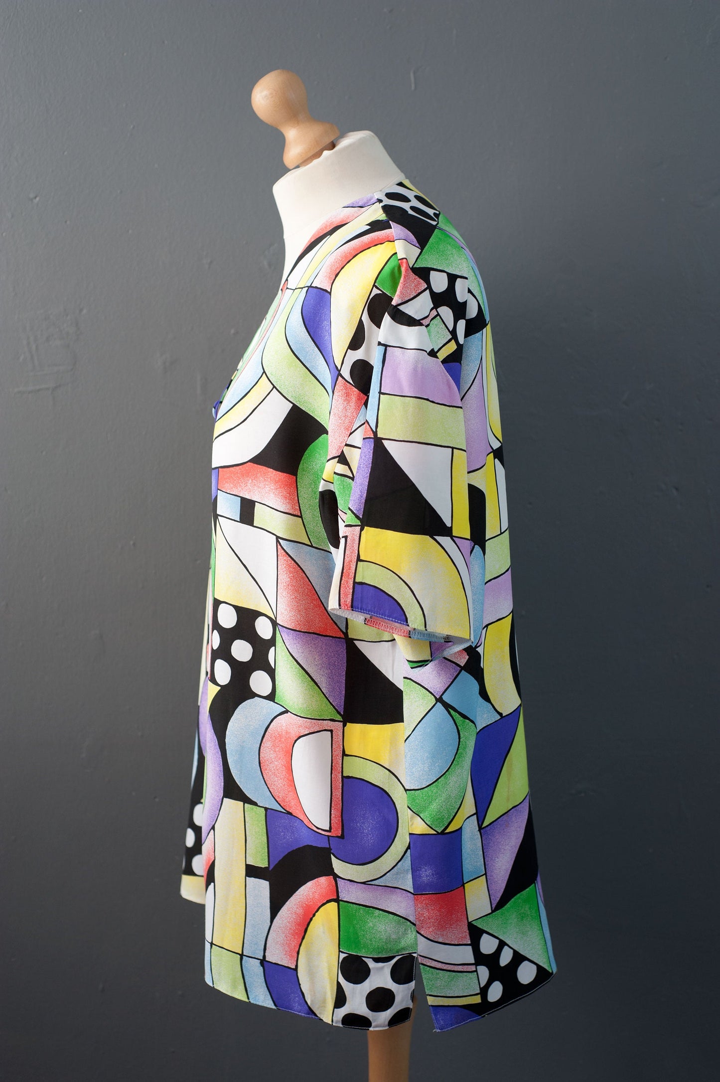 80s Cubist Shirt, Modernist Art Plus Size Blouse, Multicoloured Short Sleeve