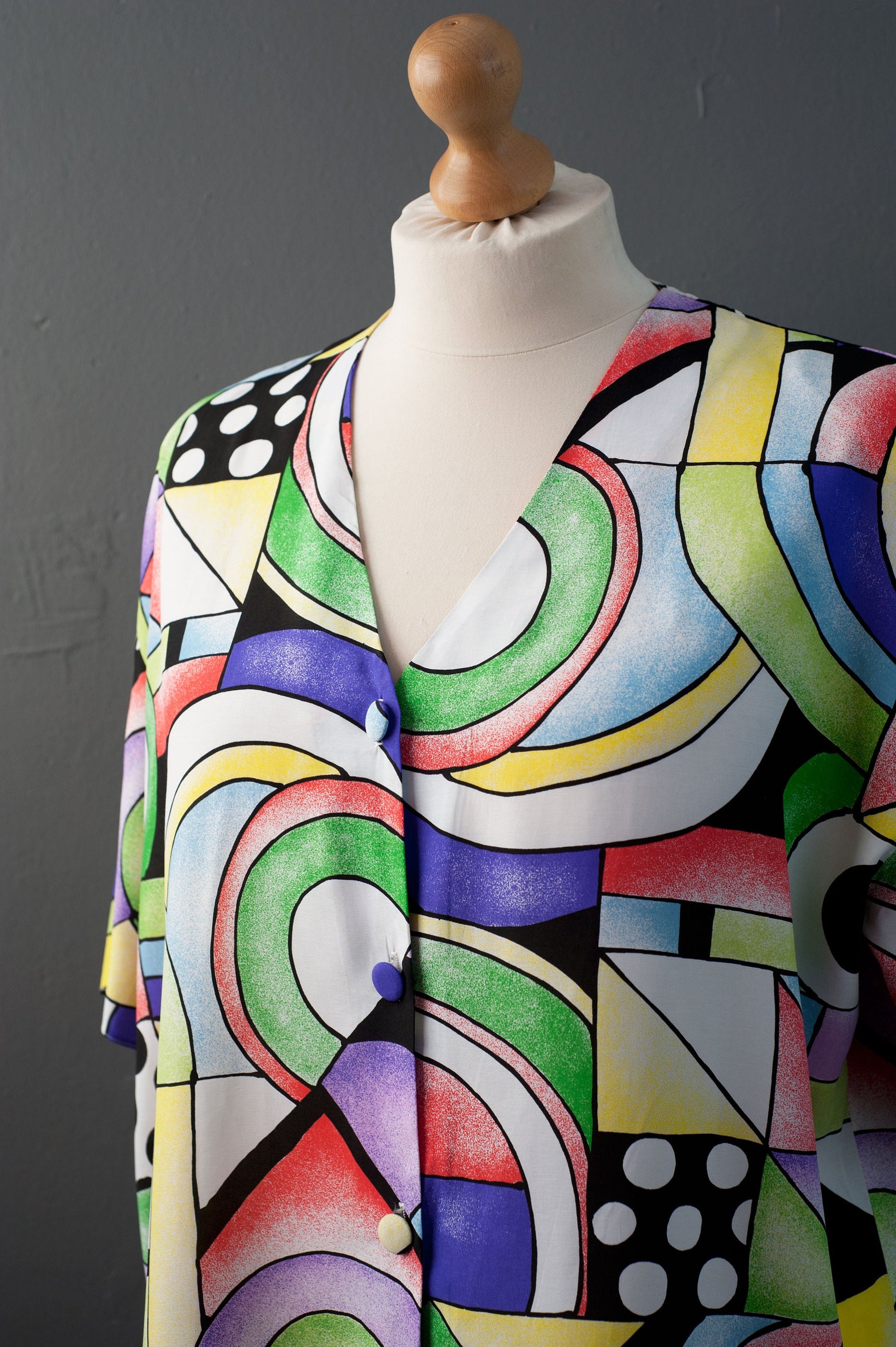 80s Cubist Shirt, Modernist Art Plus Size Blouse, Multicoloured Short Sleeve