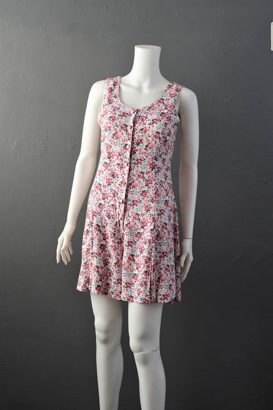 90s Floral Rose Summer Playsuit, Flared Pleated Short Romper, Grunge Granny Chic, Size Small