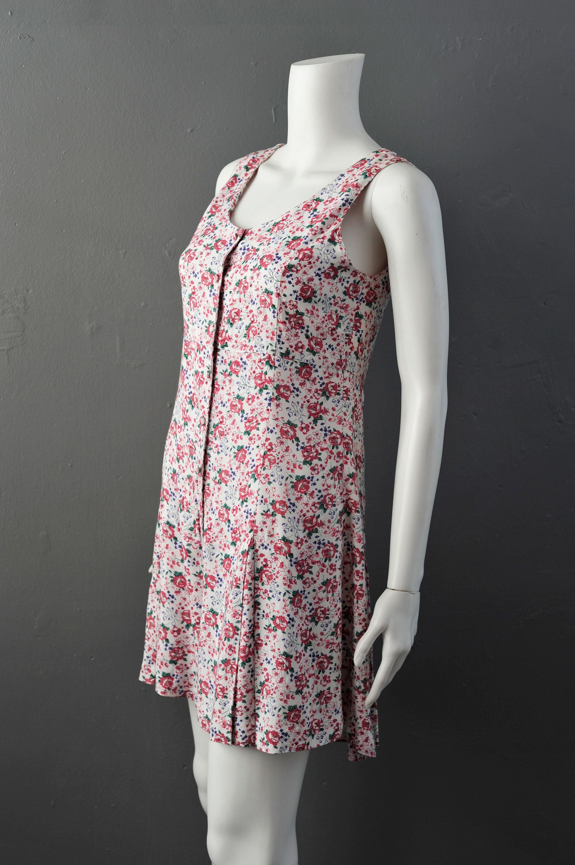 90s Floral Rose Summer Playsuit, Flared Pleated Short Romper, Grunge Granny Chic, Size Small