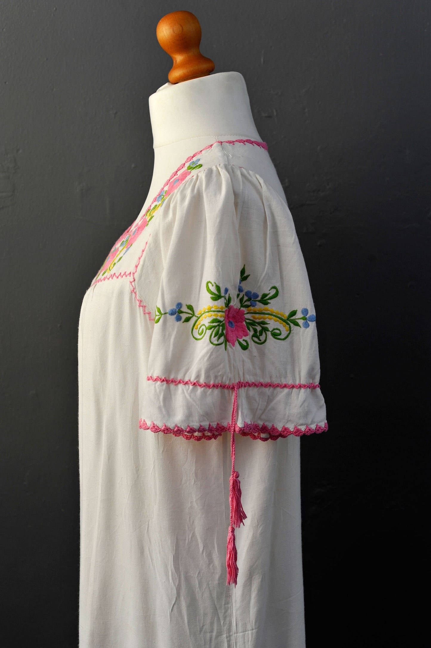 70s Long Embroidered Dress, Rustic Folk Peasant Nightie, Size Medium