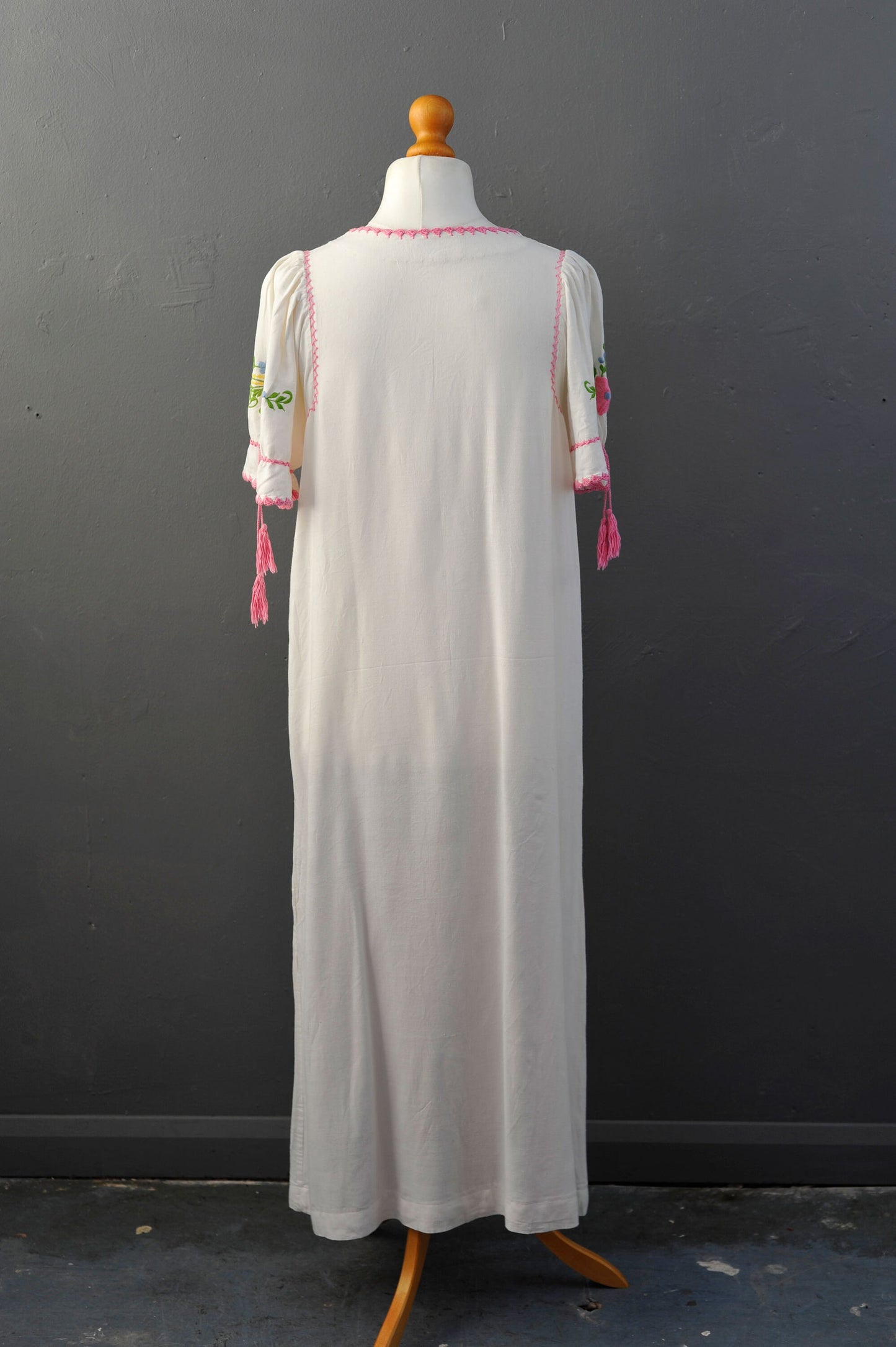 70s Long Embroidered Dress, Rustic Folk Peasant Nightie, Size Medium