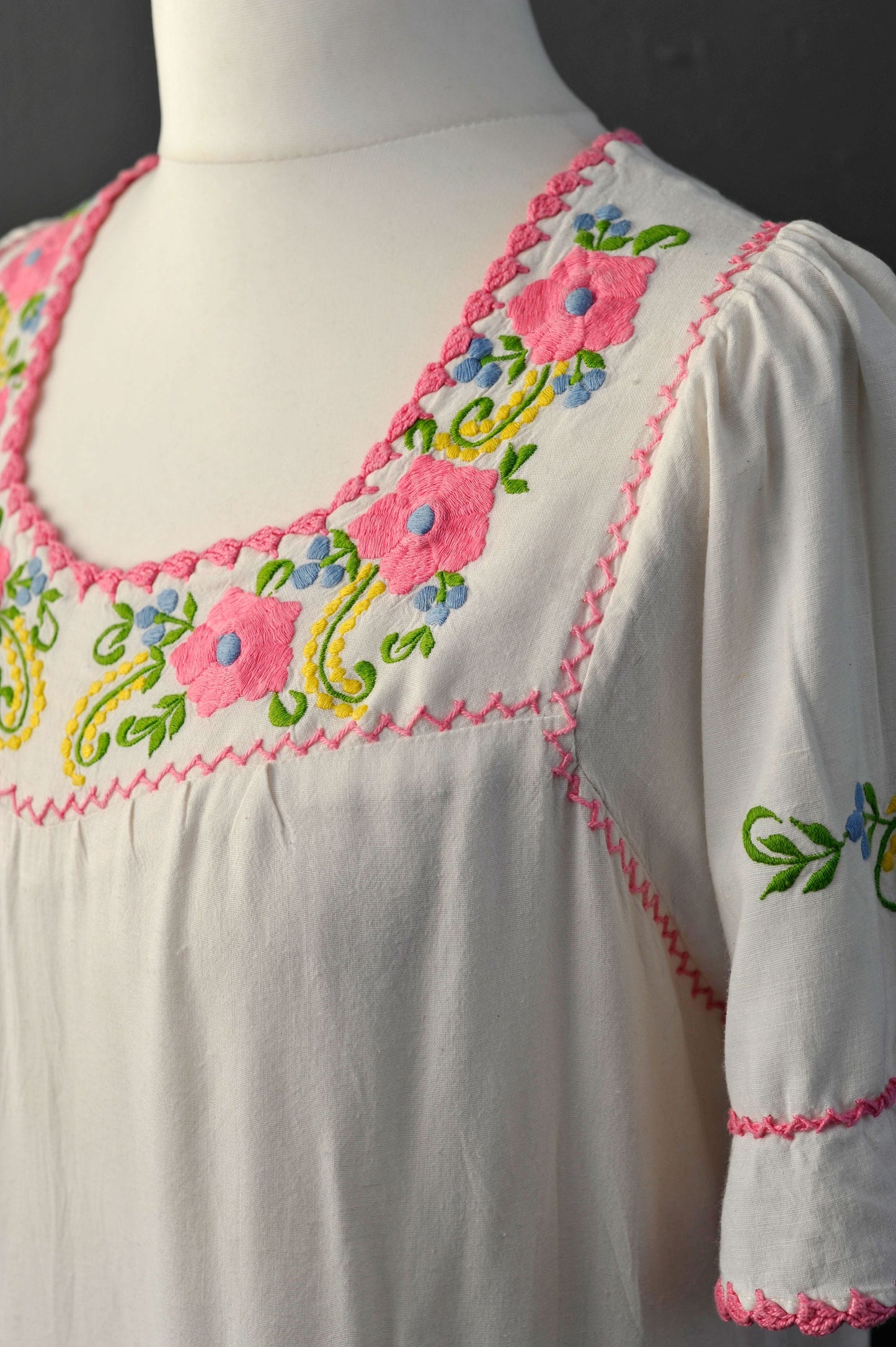 70s Long Embroidered Dress, Rustic Folk Peasant Nightie, Size Medium