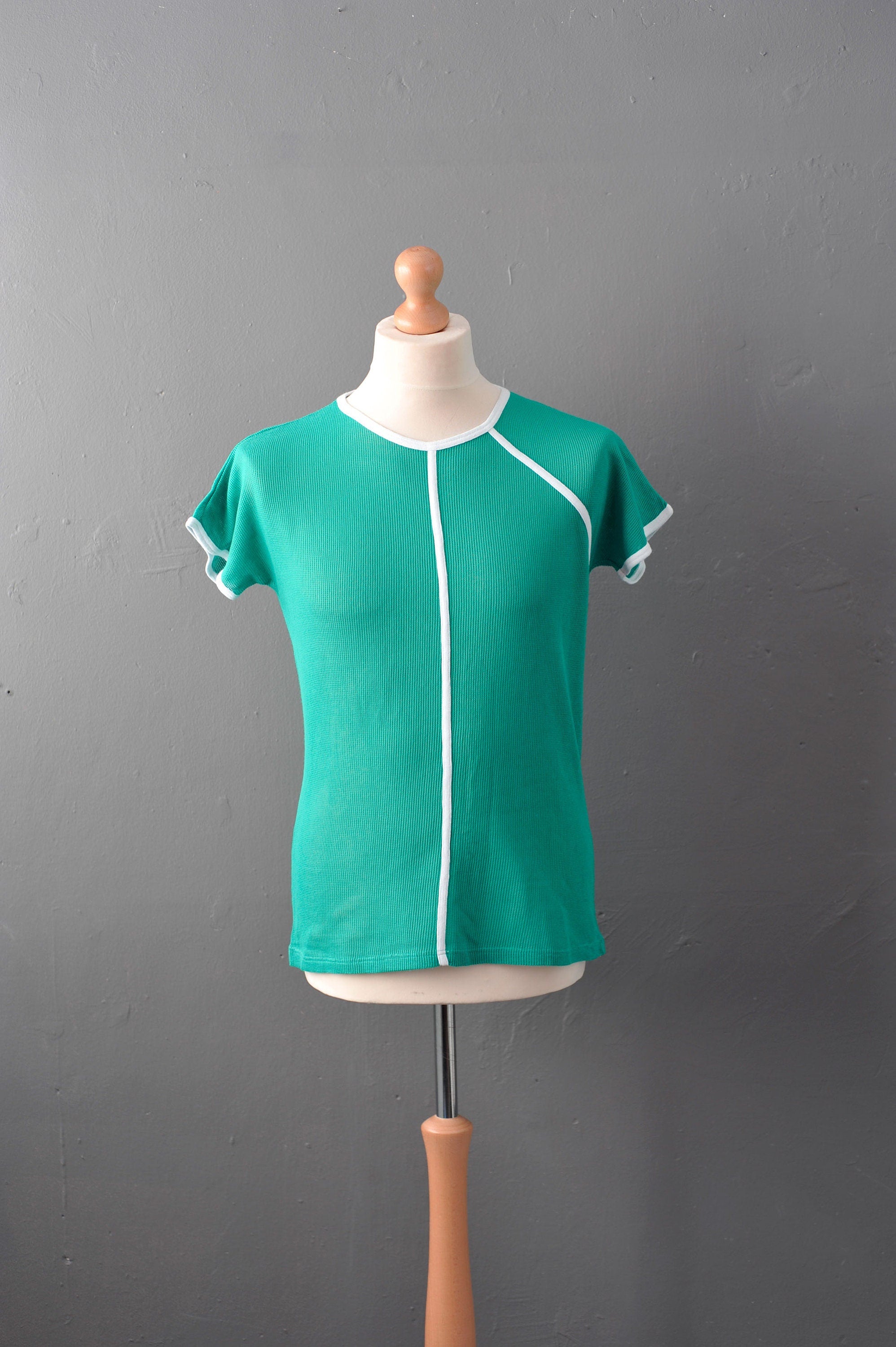 Mens 80s Cotton Mesh T Shirt Jade Green See Through Top Size Small Medium