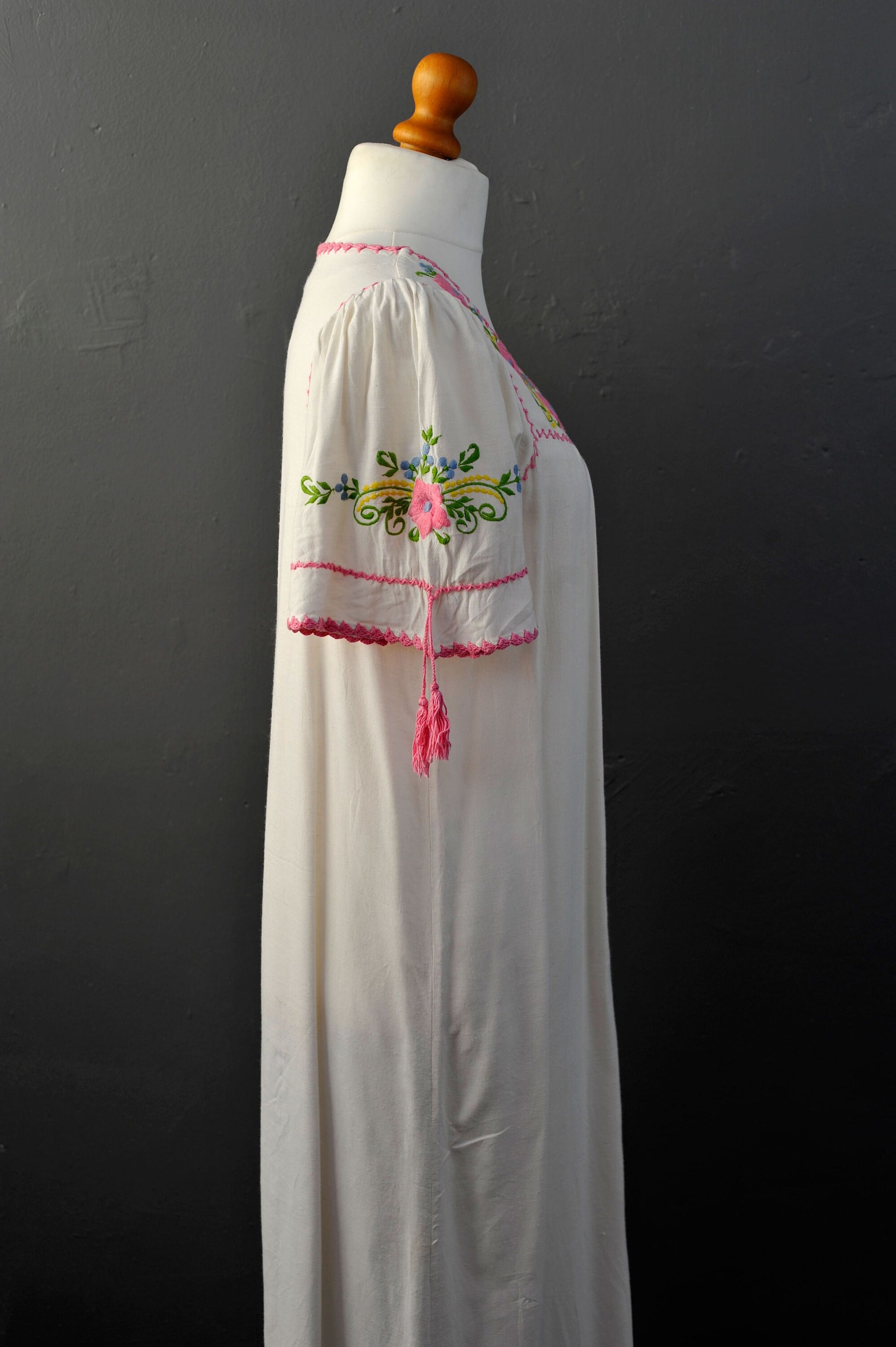 70s Long Embroidered Dress, Rustic Folk Peasant Nightie, Size Medium
