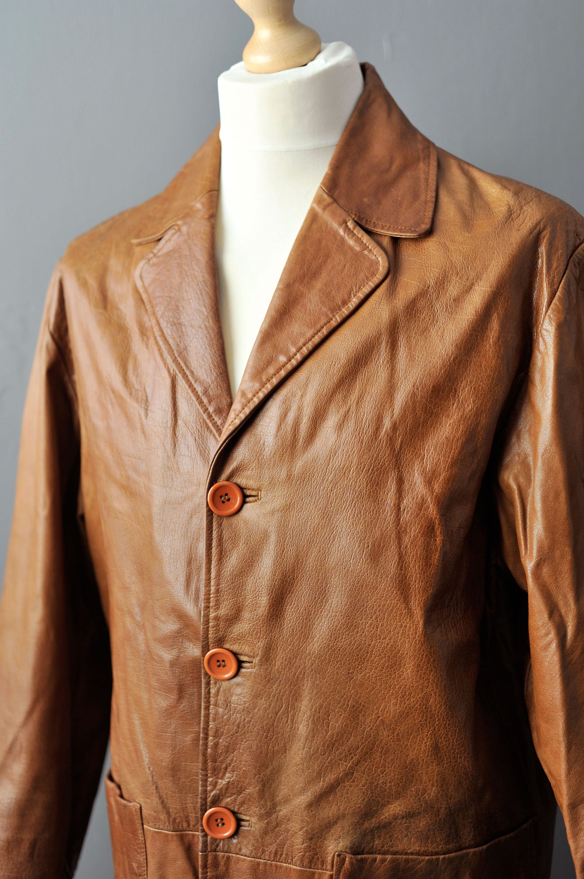 Brown Leather Blazer, Mens 90s Casual Suit Jacket, Size Medium 42 Chest