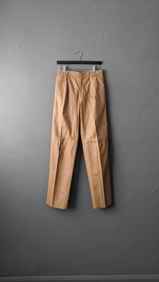Mens Leather Trousers, 80s Camel Brown Chinos Style, 29 waist