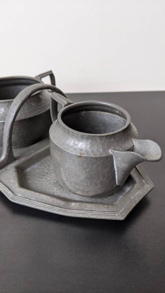 Antique Art Deco Tea Set, Milk Jug, Sugar Bowl and Tray by Tudric and Furniss Baronial Pewter.