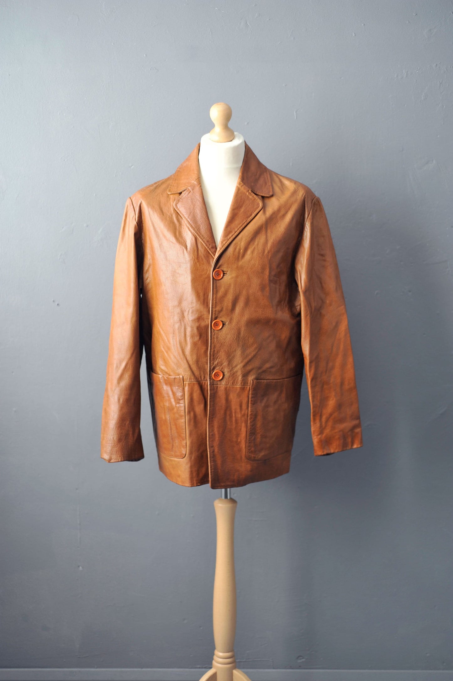 Brown Leather Blazer, Mens 90s Casual Suit Jacket, Size Medium 42 Chest