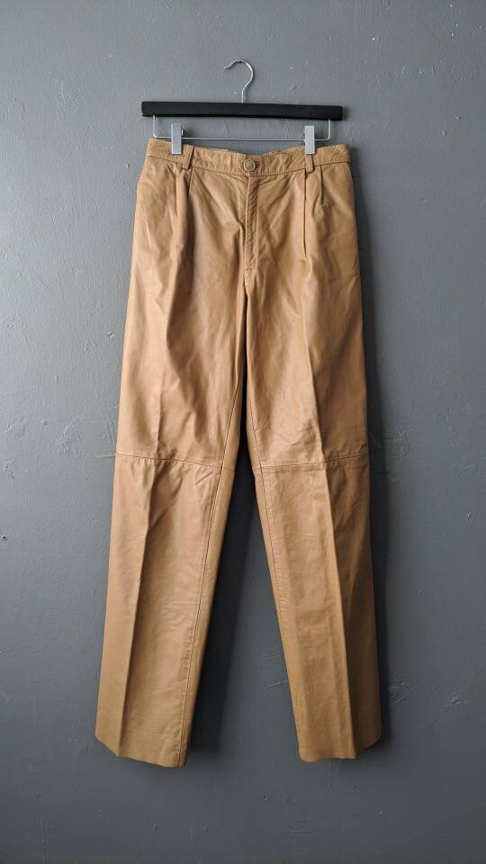 Mens Leather Trousers, 80s Camel Brown Chinos Style, 29 waist