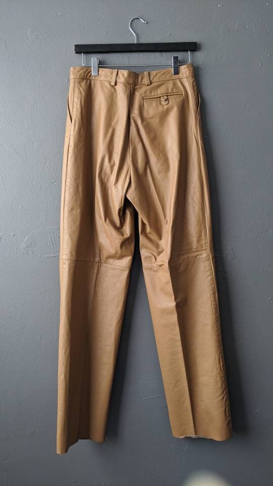 Mens Leather Trousers, 80s Camel Brown Chinos Style, 29 waist