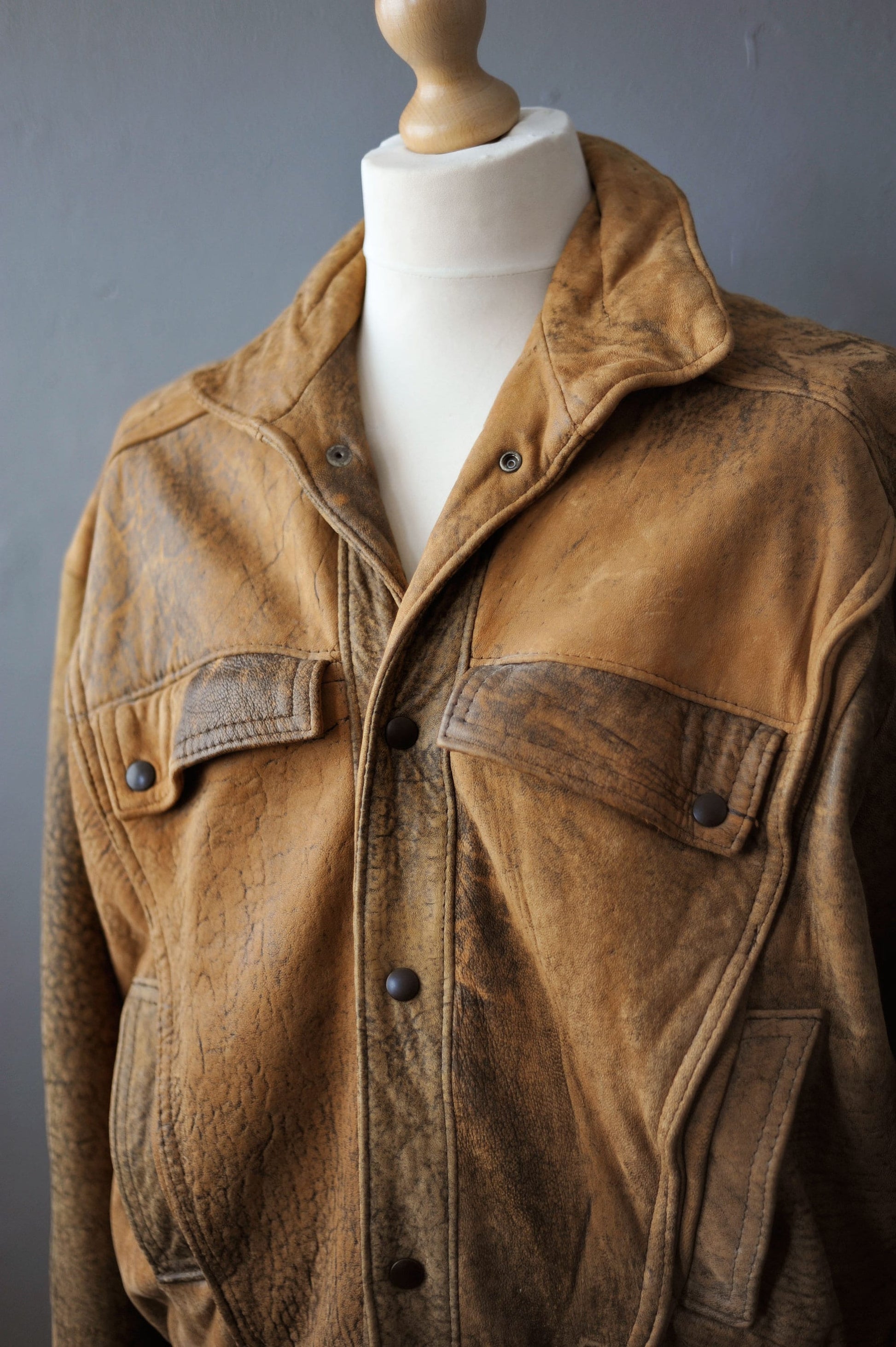80s Tan Leather Coat, Eighties Dystopia Aviator Jacket, Size Medium
