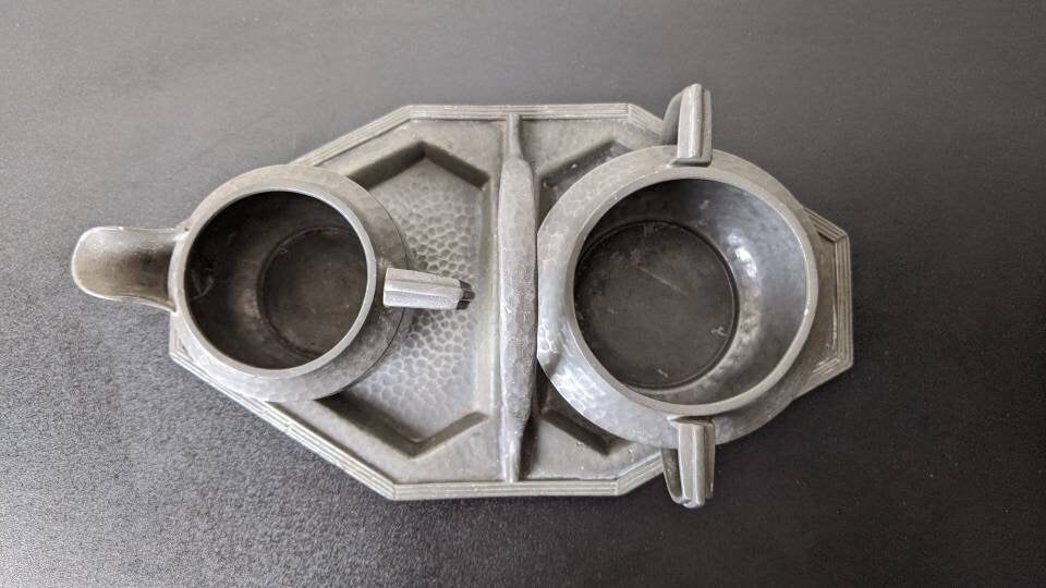 Antique Art Deco Tea Set, Milk Jug, Sugar Bowl and Tray by Tudric and Furniss Baronial Pewter.