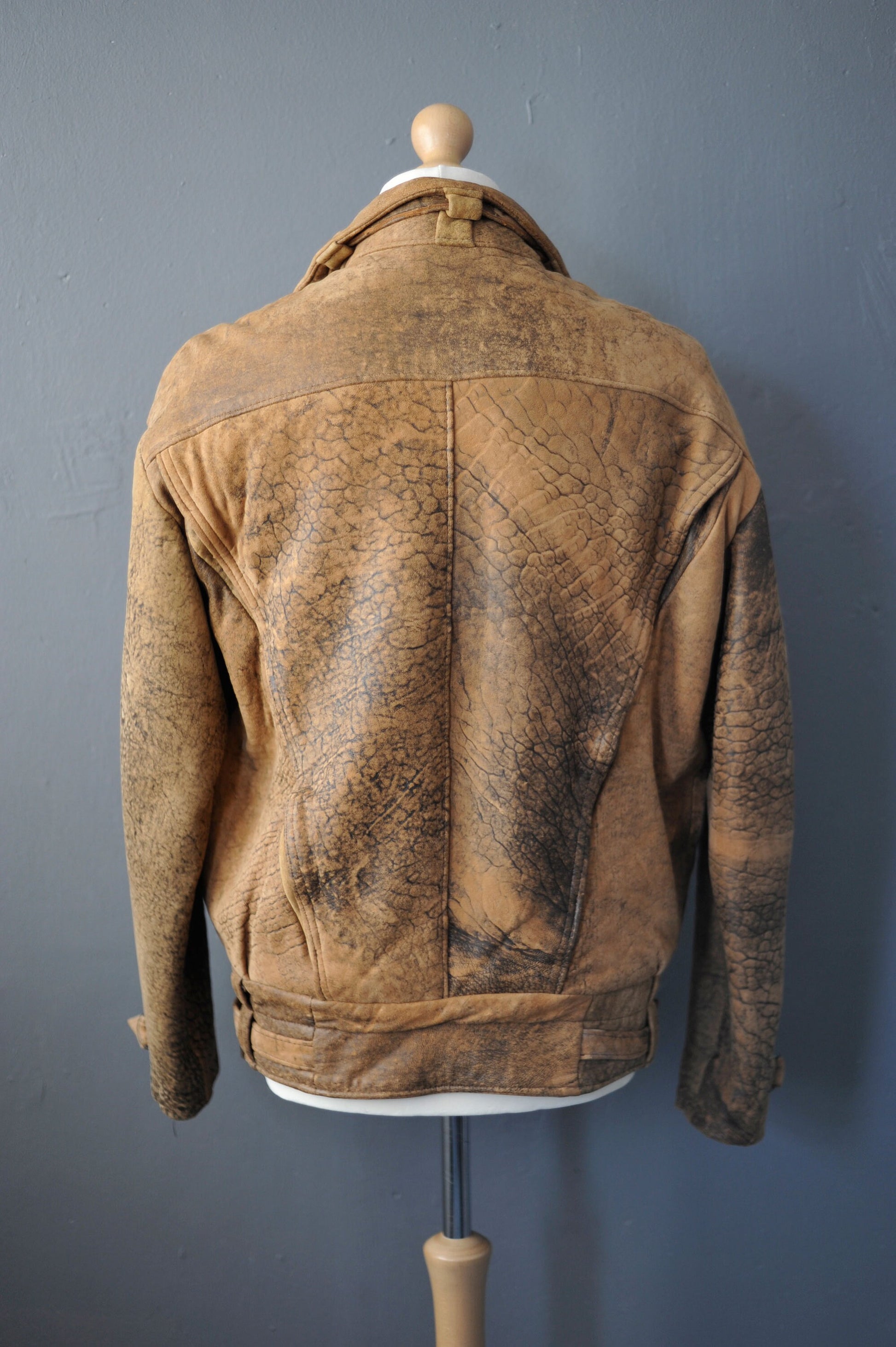 80s Tan Leather Coat, Eighties Dystopia Aviator Jacket, Size Medium