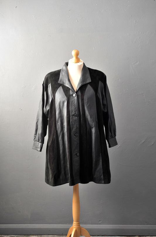 80s Italian Leather Suede Swing Coat, Plus Size XL