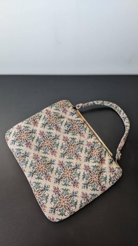 60s Tapestry Handbag with Floral Cross Diamond Pattern, Mid Century Rectangle Carpet Bag.