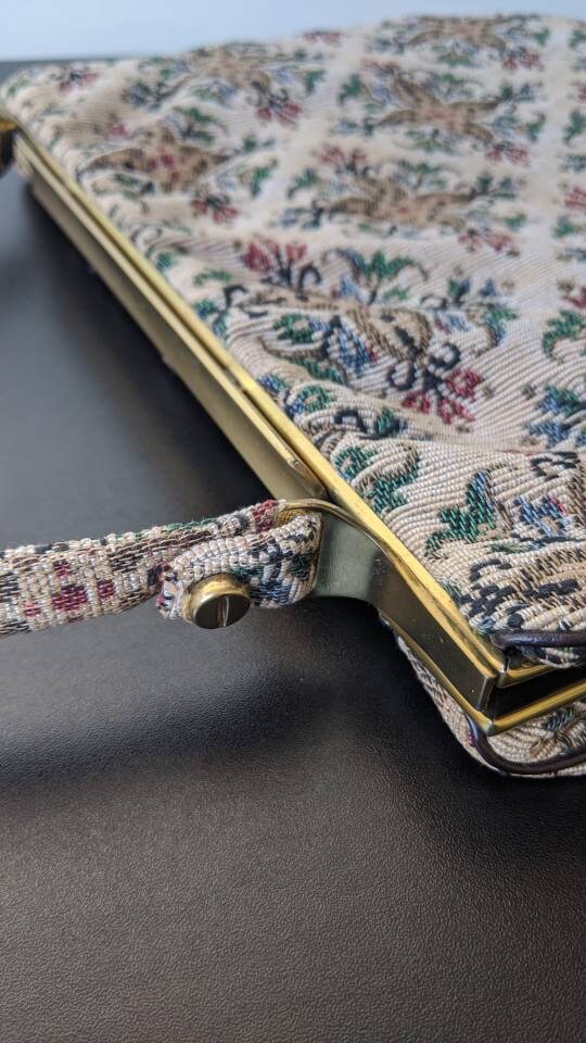 60s Tapestry Handbag with Floral Cross Diamond Pattern, Mid Century Rectangle Carpet Bag.
