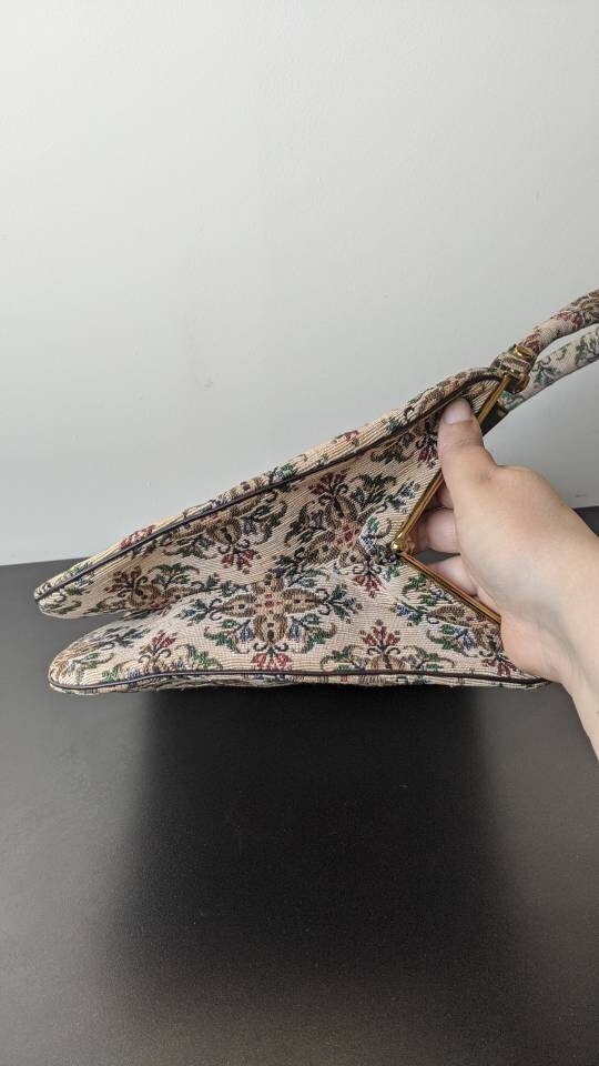 60s Tapestry Handbag with Floral Cross Diamond Pattern, Mid Century Rectangle Carpet Bag.