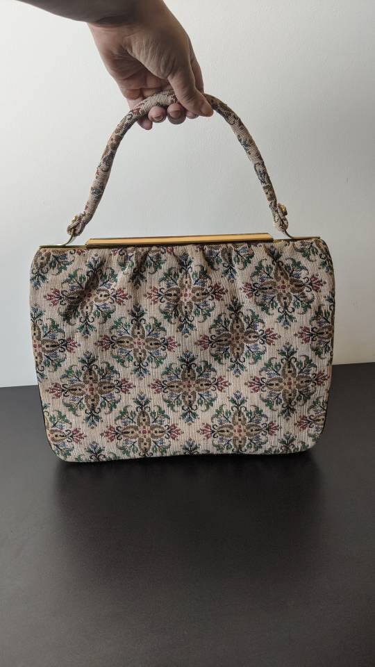 60s Tapestry Handbag with Floral Cross Diamond Pattern, Mid Century Rectangle Carpet Bag.