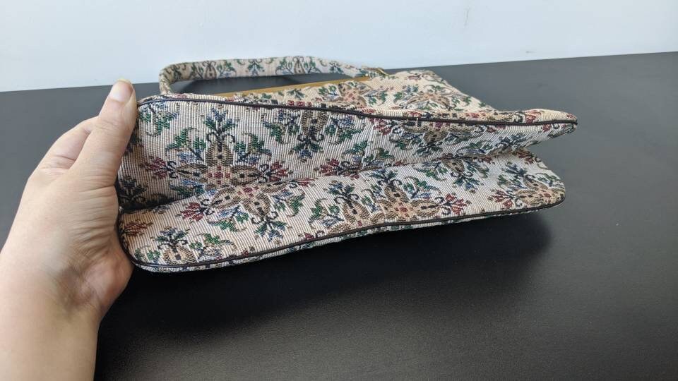 60s Tapestry Handbag with Floral Cross Diamond Pattern, Mid Century Rectangle Carpet Bag.