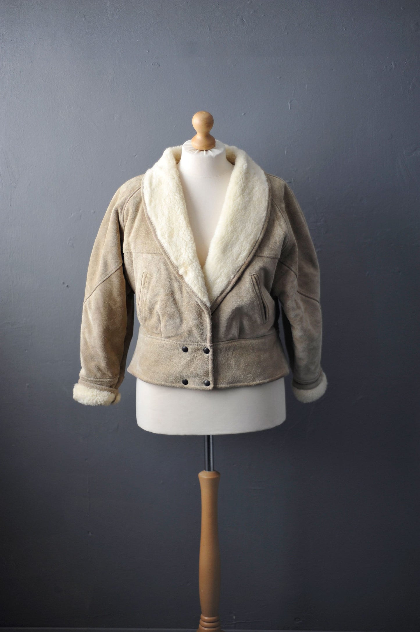 80s Suede Bomber Jacket, Faux Sheepskin Batwing Coat, Size Large