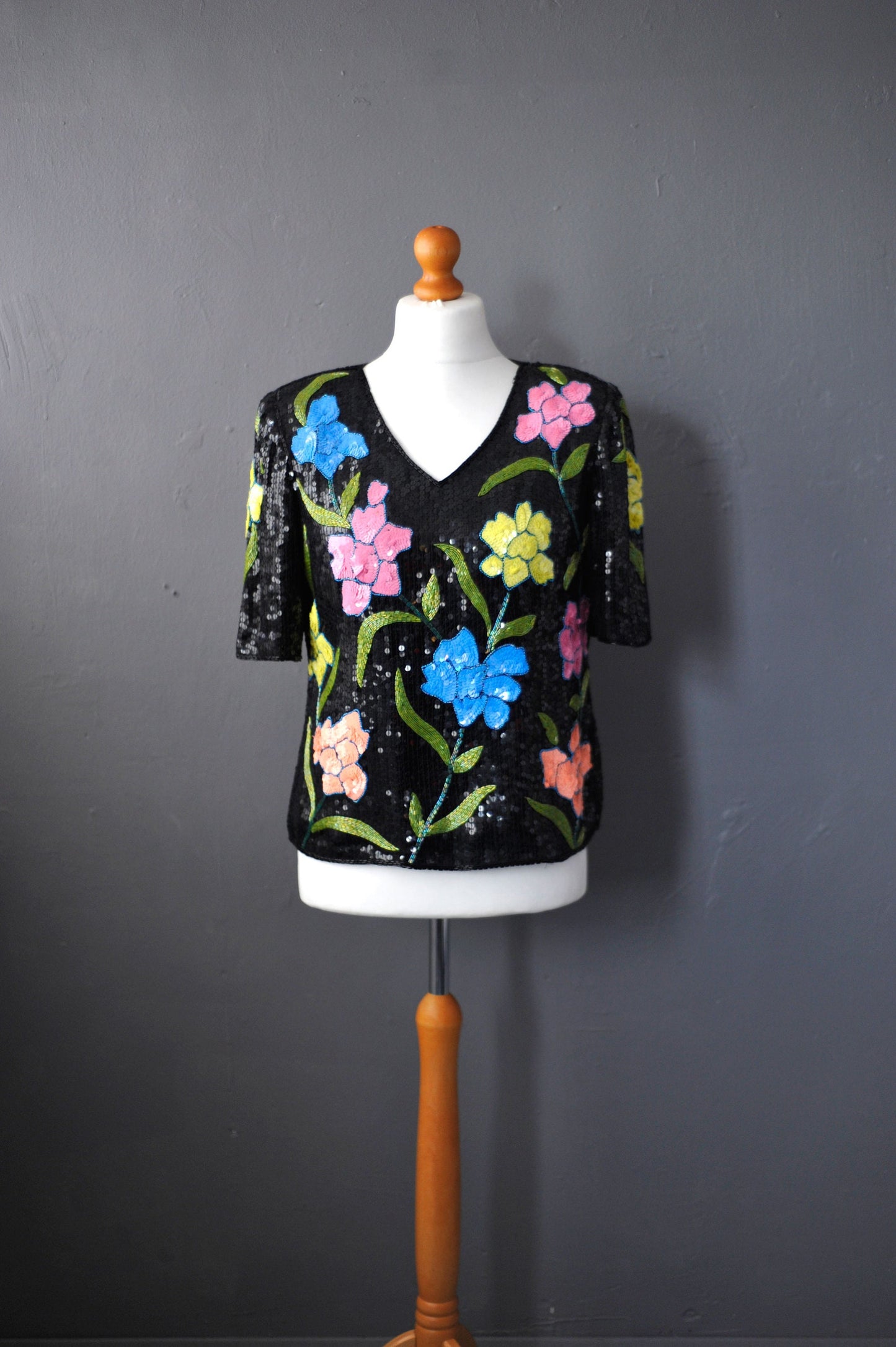 80s Sequin Silk Top by Tricoville, Size Medium