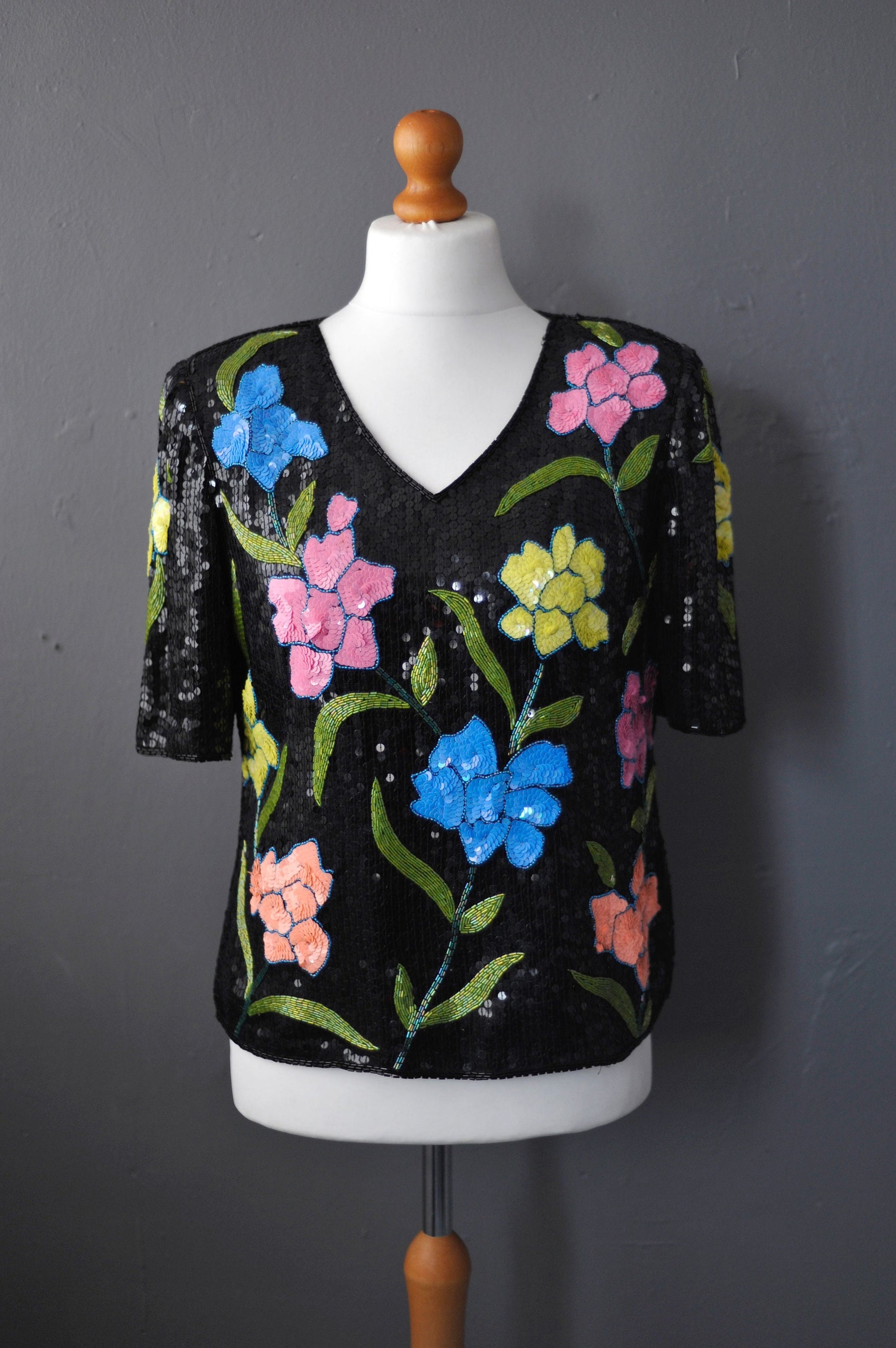 80s Sequin Silk Top by Tricoville, Size Medium