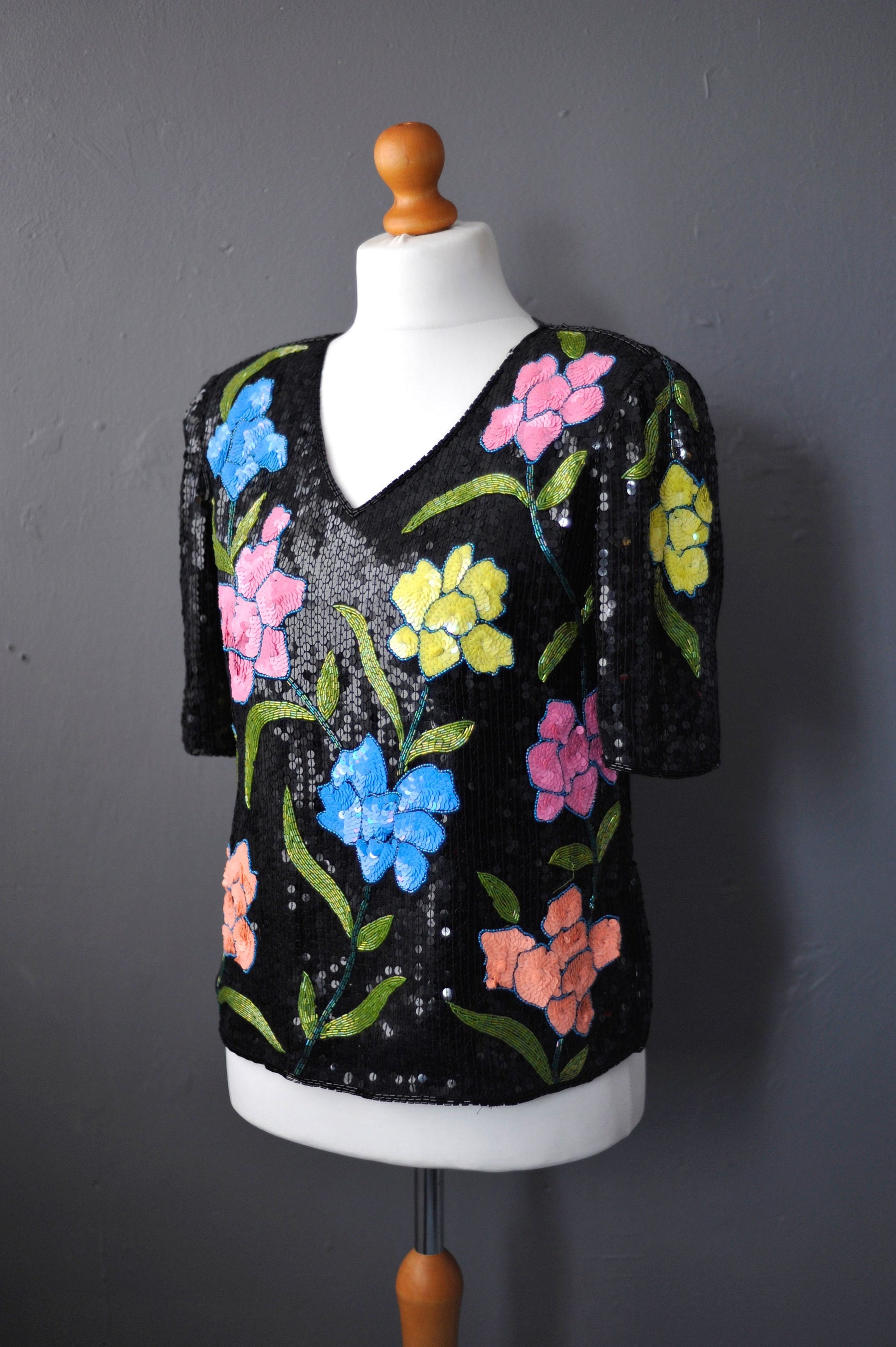80s Sequin Silk Top by Tricoville, Size Medium