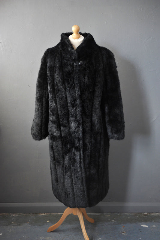 80s Long Black Faux Fur Coat, Vegan Mink Winter Jacket, XL to Plus Size